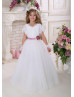 V Neck White Eyelash Lace Tulle Floor Length Flower Girl Dress